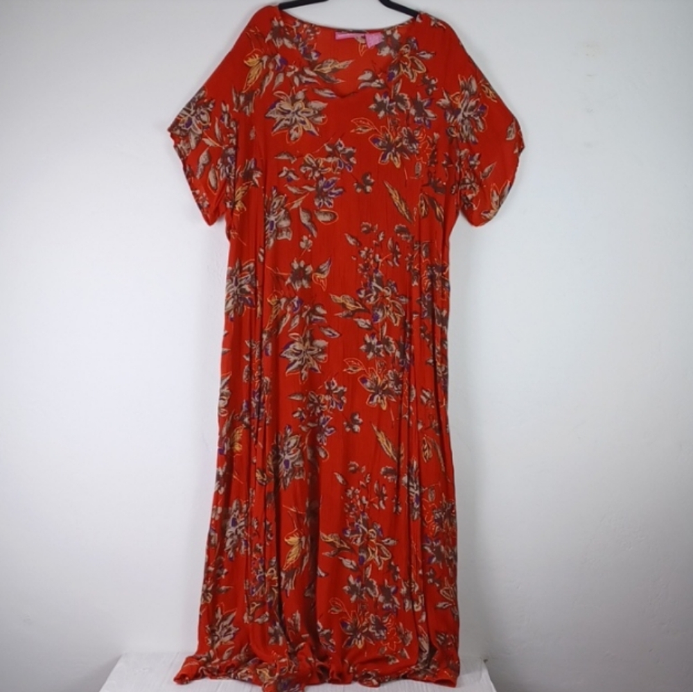 WOMAN WITHIN BALI RED FLORAL SWEEPING-HEM KRINKLE GAUZY BOHO MAXI (1X) GORGEOUS!